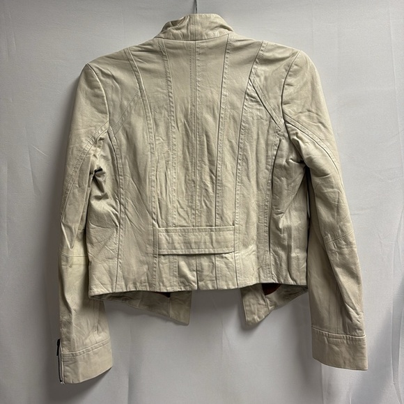 Burning Torch 100% Leather Cropped Bomber Jacket Cream Size Petite (XS) - Picture 2 of 8